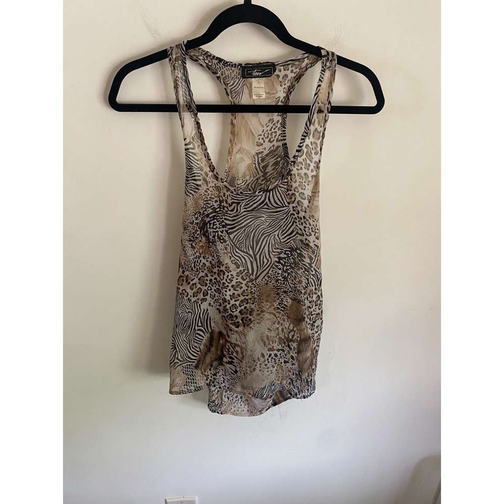 Tess Womens Animal Print Racerback Tank Top Sheer Leopard Zebra Brown XS